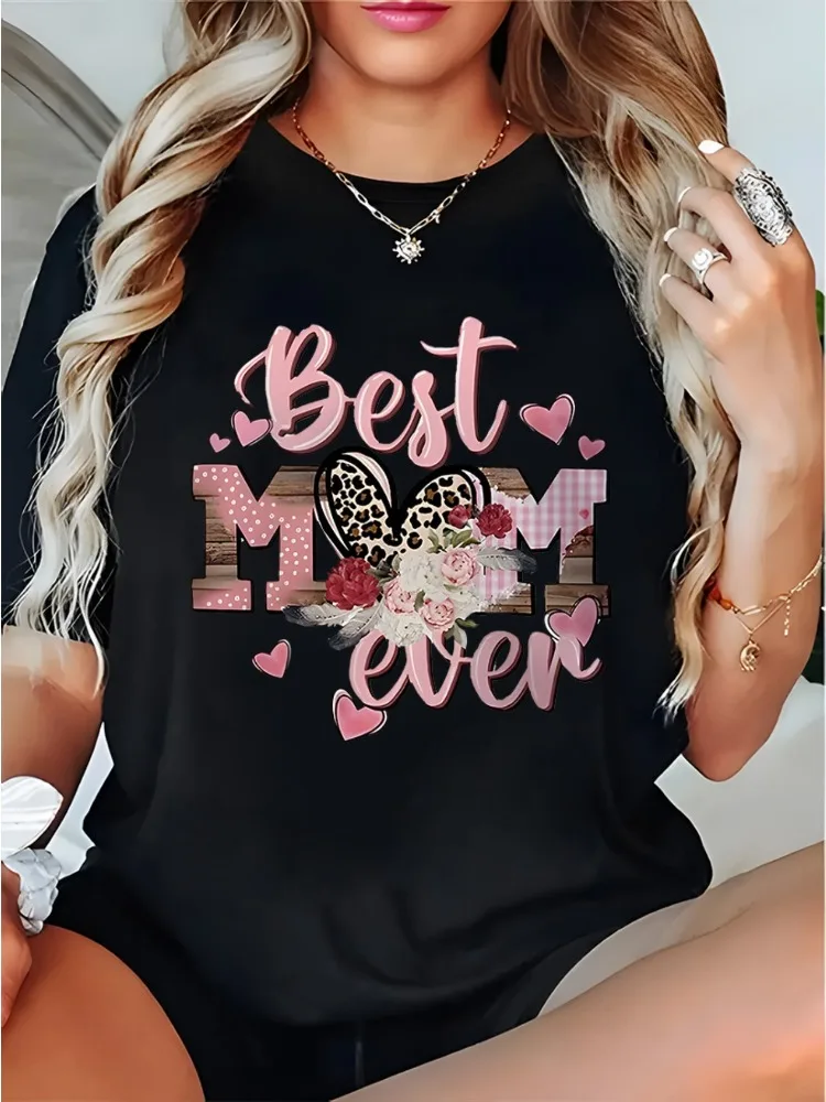 Camiseta feminina de manga curta com gola redonda, melhor design para o dia das mães, macia e confortável, casual e versátil, ajuste relaxado