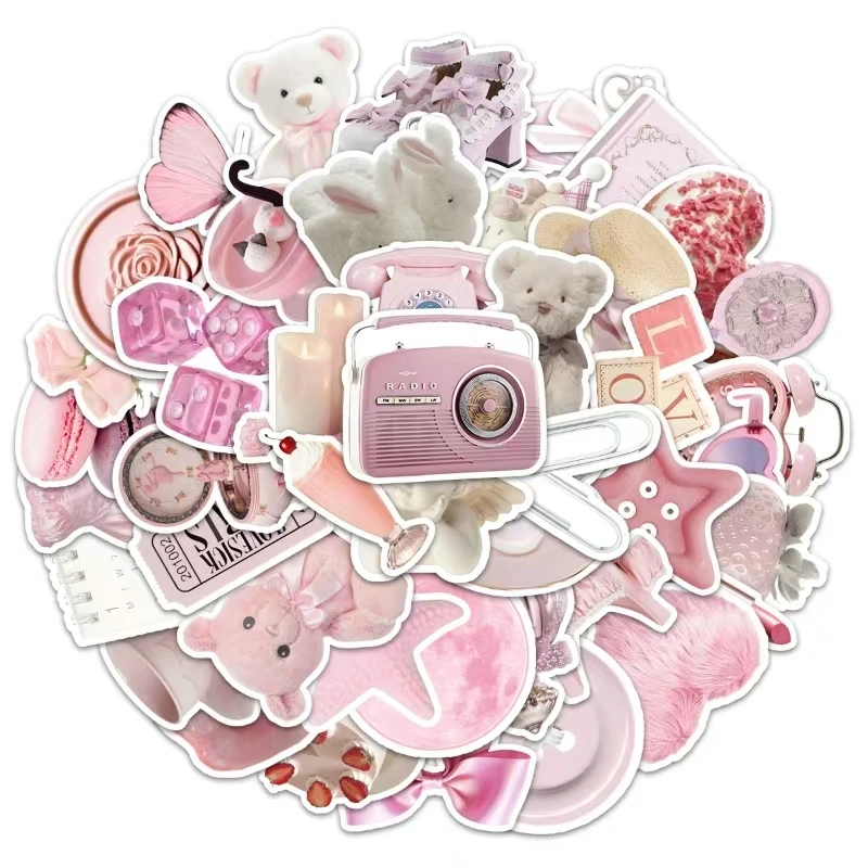 62pcs 3-6cm Pink Girls Cartoon Stickers Ins Style Cute Decals Decoration Graffiti Toys DIY Notebook Phone Suitcase Bike Fridge