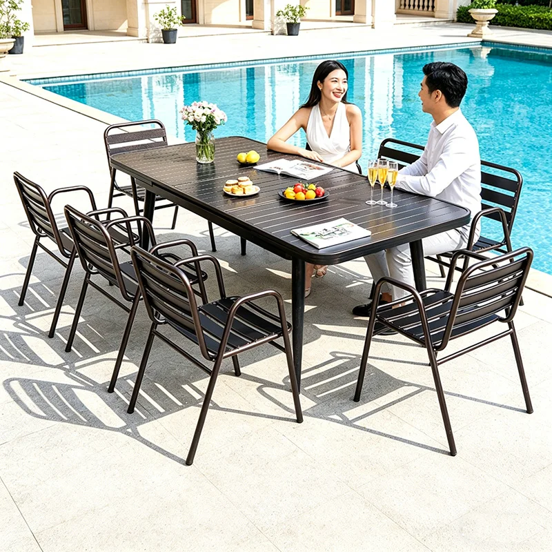 Factory Outdoor Furniture Dining Table and Dining Set 6 Chairs Table Patio Aluminum Frame Metal Hotel High-end Cafe Restaurant