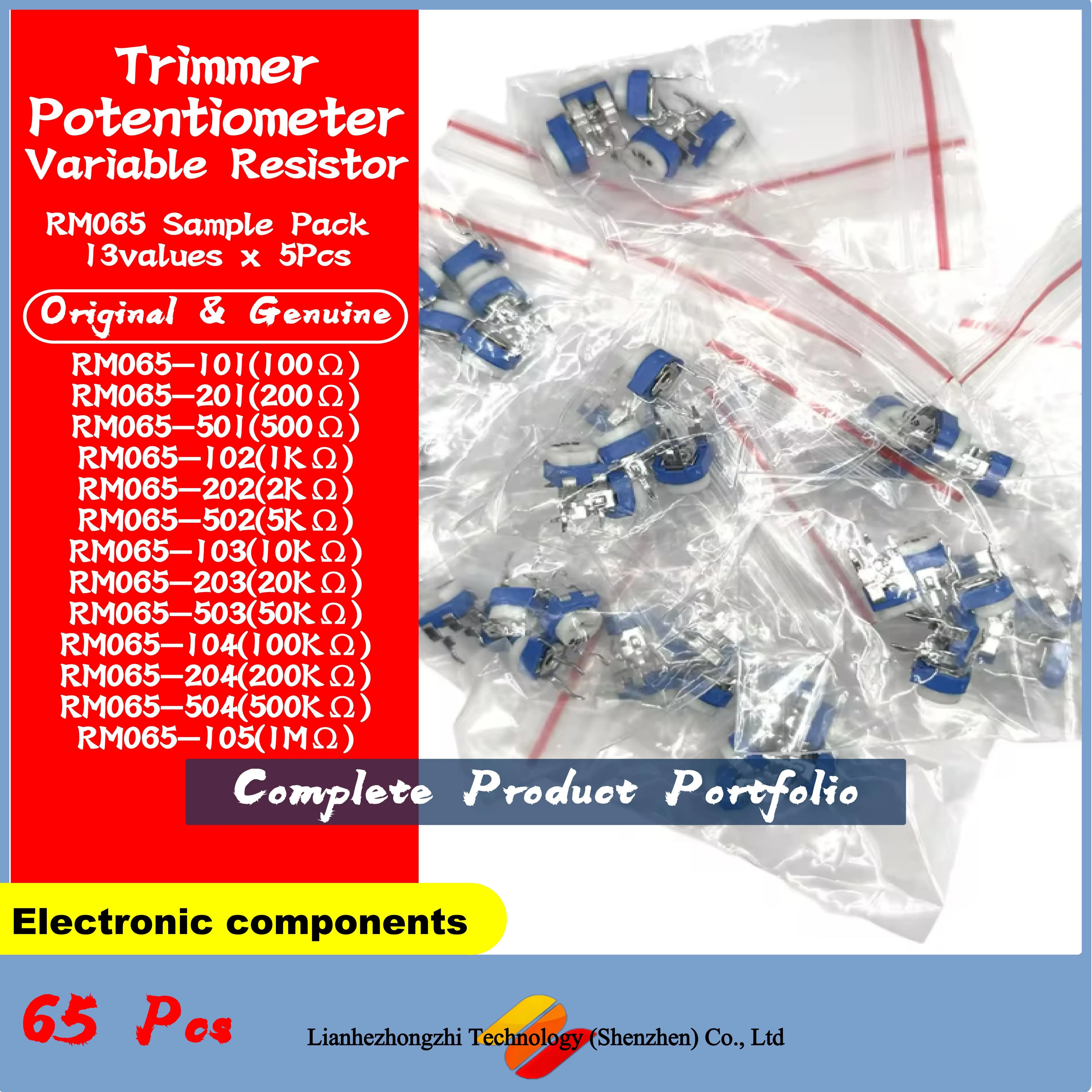 

65PCS Trimmer Potentiometer RM065 Adjustable Resistance 100R~1M Potentiometers 1K 5K 10K 20K 50K 100K 500K 1M Variable Resistors