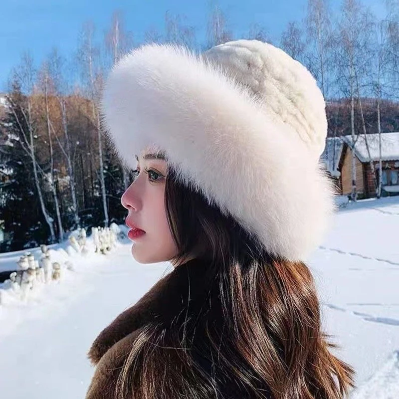 

Korean Women Bucket Hats with Fur Winter Lady Houndstooth Panama Cap Female Warm Windproof Black Fisherman Hats 2023 New