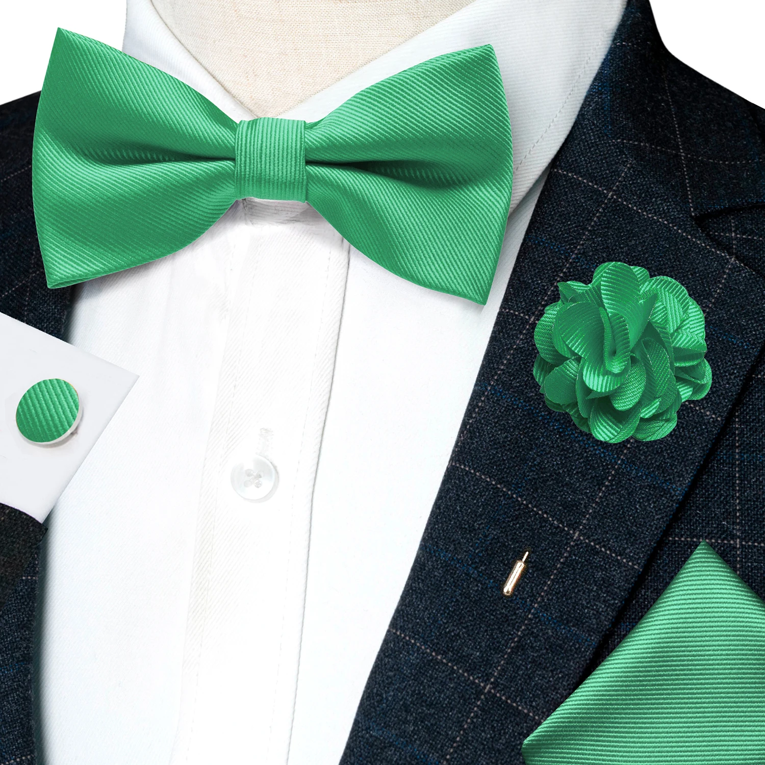 Hochzeits-Fliege für Herren, einfarbig rosa, vorgebundene Fliege, Einstecktuch, Manschettenknöpfe, Corsage-Set, Party, Business, Seiden-Schmetterlingsknoten, Geschenk – Detail 4