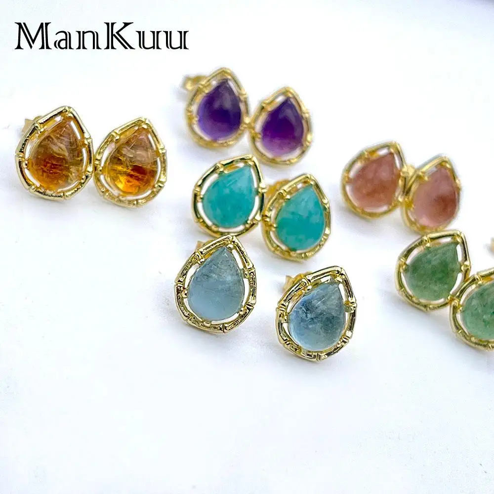 

mankuu elegant natural healing crystal stone 925 silver needle water drop studs gold jewelry amethyst earrings for women gifts