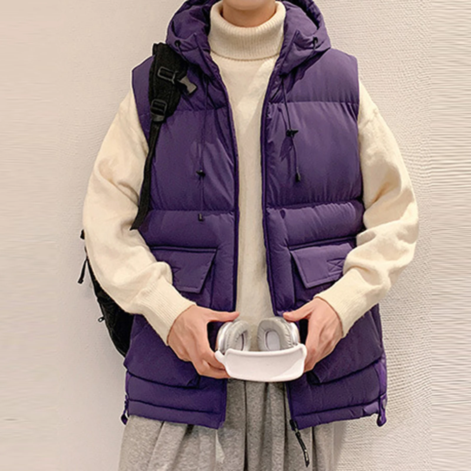 

Мужские жилеты для улицы, мужская зимняя трендовая одежда, свободный толстый пуховый хлопковый жилет с несколькими карманами, однотонный повседневный жилет с капюшоном, пальто