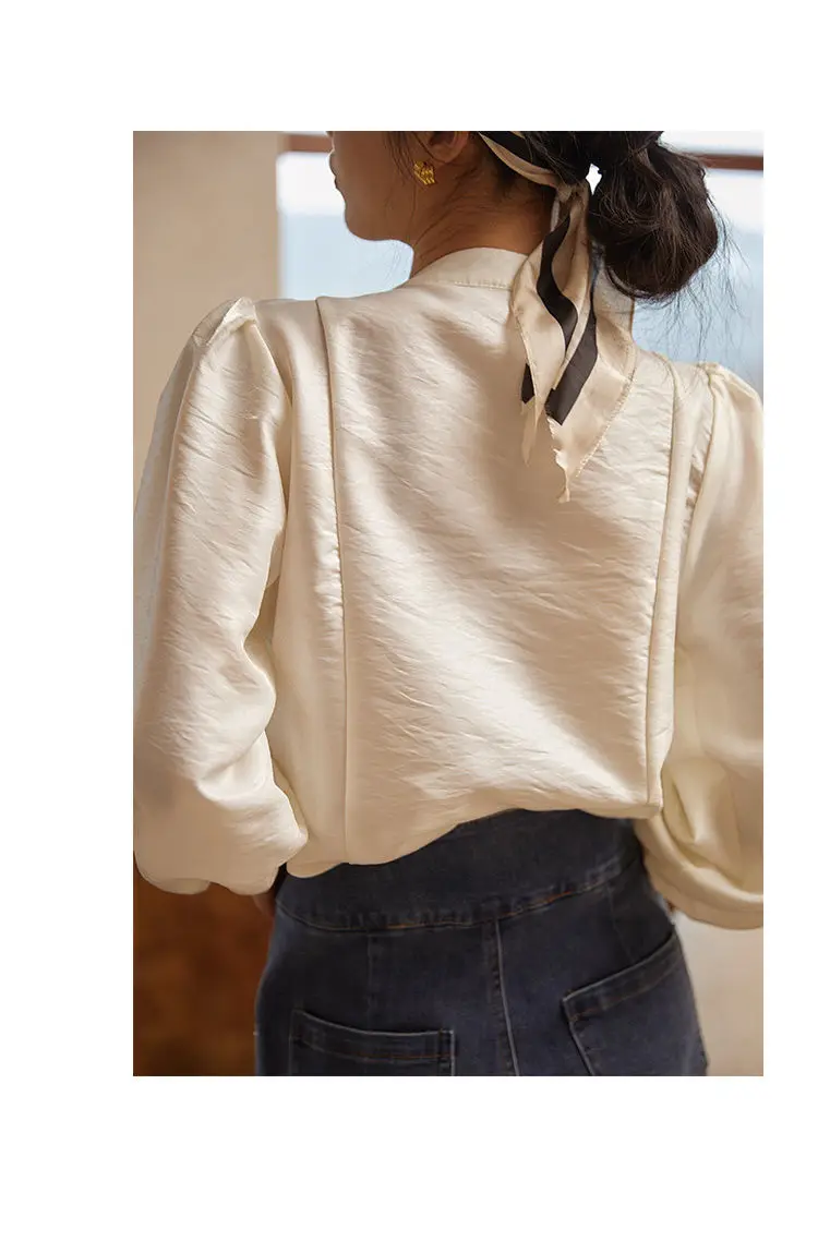 Woherb Vintage Pearl Beading Shirts Women Patchwork Peter Pan Collar Loose Puff Long Sleeve Korean Tops Sweet Elegant Blusas