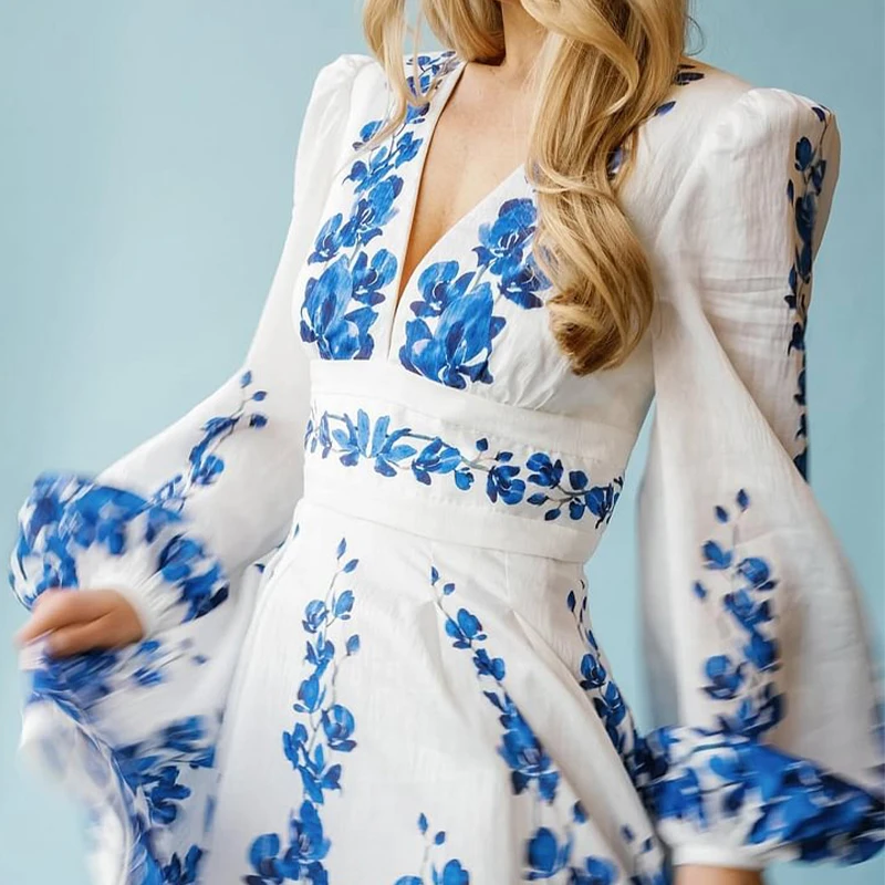 Flaxmaker Women New Vintage Elegant Women Printed Long Sleeve One Piece Swimsuit V Neck Boho Print Dress Loose Party Dresses