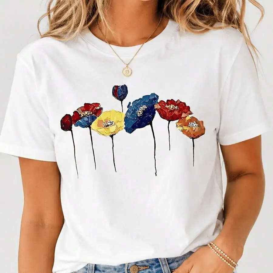Impressionist Painted Wildflower Graphic Tee Art Floral Casual Top Nice Gift For Flower Art Lovers Summer Daily Tops