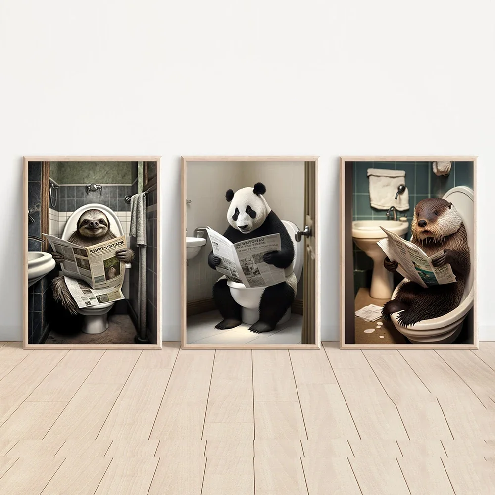 Animal Wall Art Funny Panda Bathroom Toilet Posters Prints Sloth Raccoon Sitting on Toilet Reading Newspaper Home Decor Painting