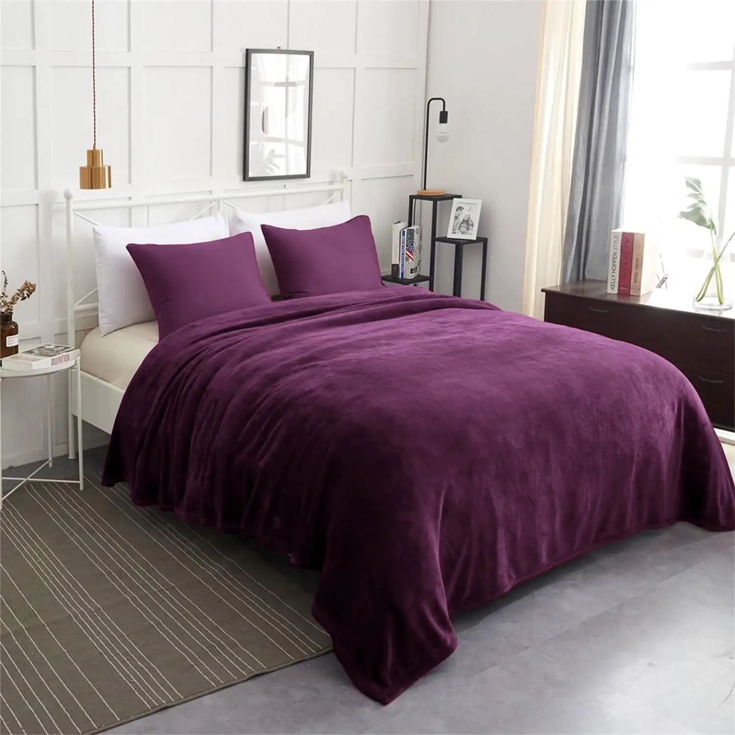 

All-Season Lightweight Warm Fleece Bed Blanket, Purple, King