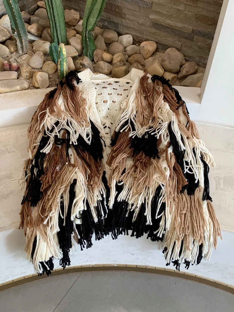 Vintage Color Block Shaggy Cardigan Jumper Loose Fringed Gradient Sweater Jacket Thick Autumn/Winter Women Outwear Knitwear