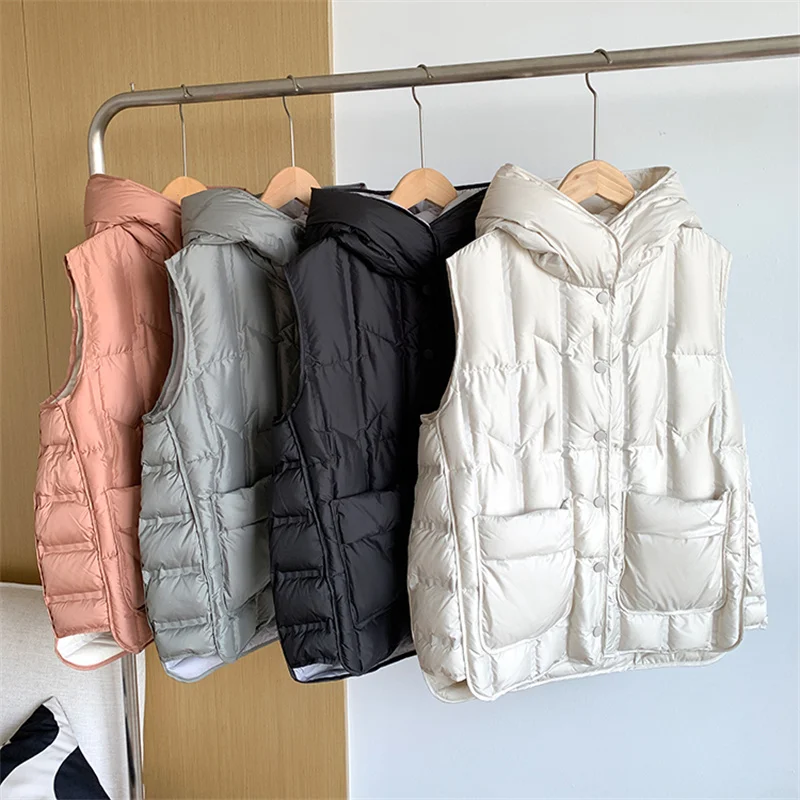 Oversize Hooded Down Waistcoat Coat 2023 Autumn Winter Women Light White Duck Down Vest Jacket Lady Warm Sleeveless Tank Parkas