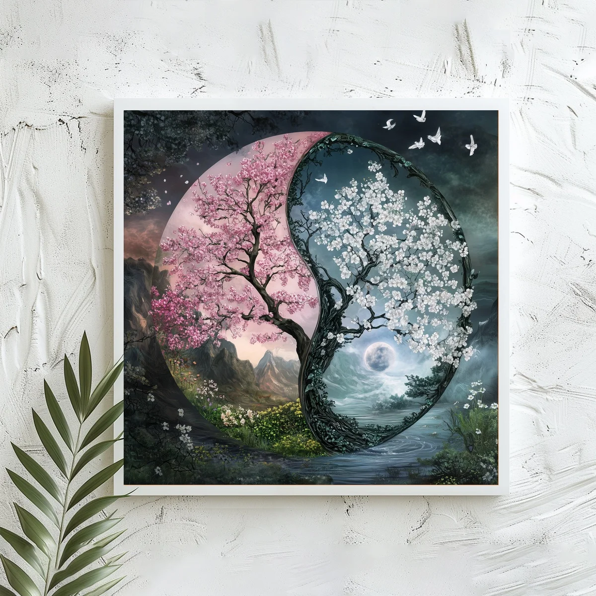 1 Stück 40x40 cm/15,74 Zoll, 11Ct/14Ct Kreuzstich-Set, DIY Valentinstagsgeschenk, Stickerei-Set für Festlichkeiten, Yin-Yang-Kirschbaum-Motiv – Detail 2