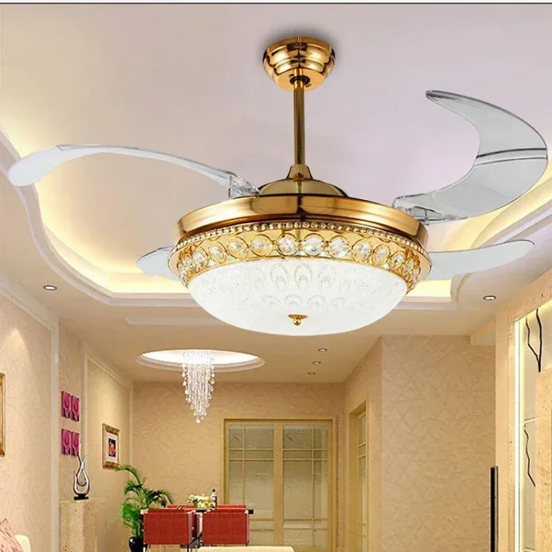 Luxury Crystal Ceiling Fan Light Invisible For Restaurant Living Room Remote Control Fan Light 42 Inch Gold Color Fans Lamp