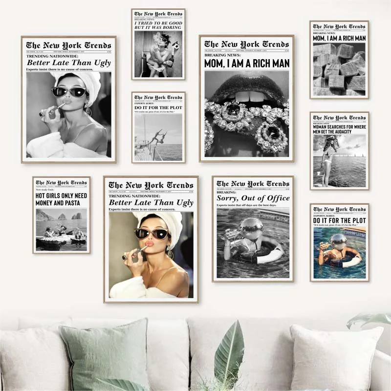 Trendy Vintage Newspaper Prints Woman Drinking Wine Pictures Retro Black and White Girly Canvas Painting Wall Art Home Decor