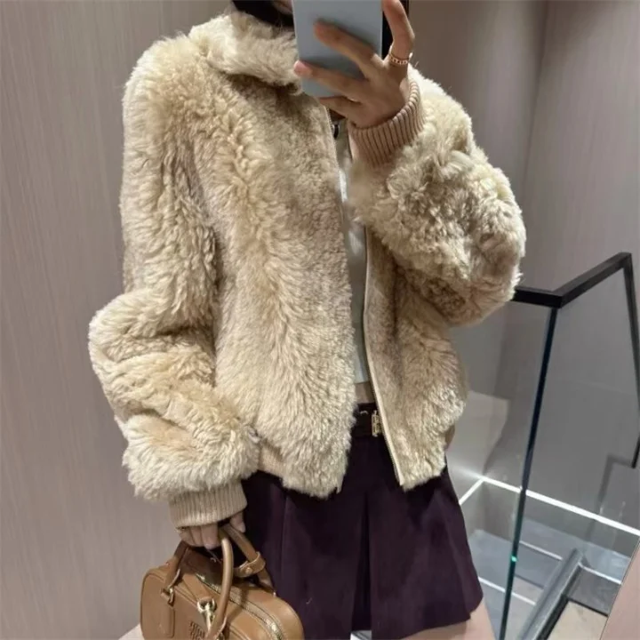 Imported Tuscan leather lapel collar double pocket loose A-shaped version wool integrated short fur coat top women