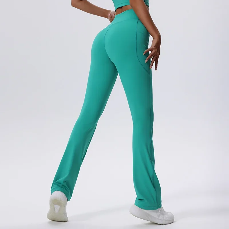 Women High Waist Yoga Pants Solid Color Side Pocket Flared Trousers Super Stretch Wide Leg Gym Pants Breathable Sportswear
