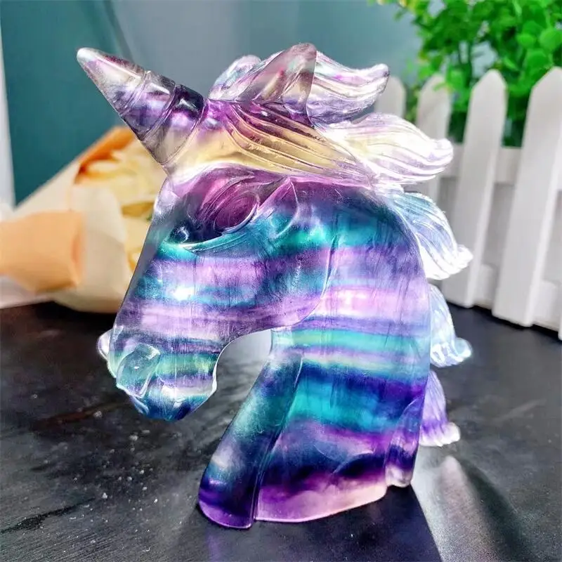 

10CM Natural Rainbow Fluorite Unicorn Crystal Animal Carving Crafts Healing Stone Fashion Home Ornaments Birthday Gift 1PCS