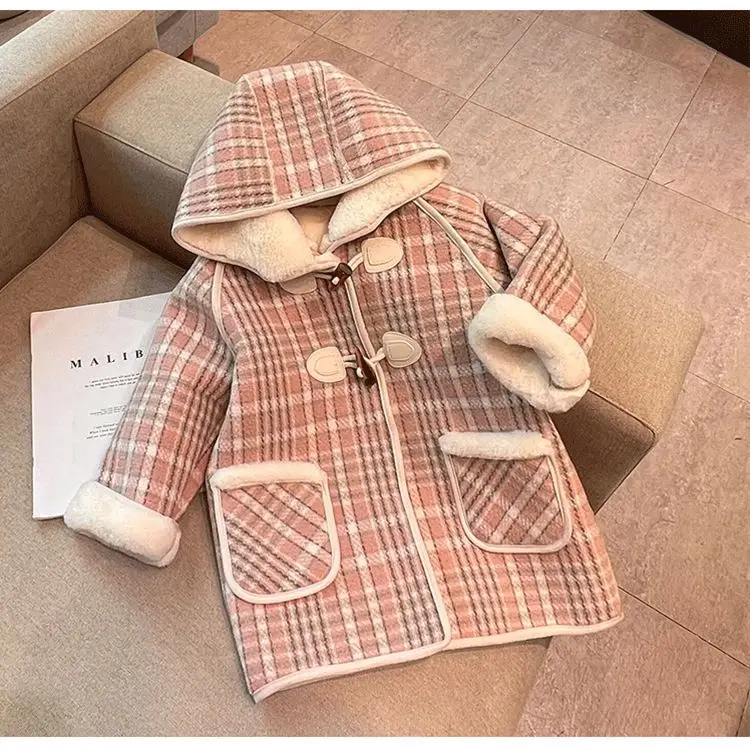 Children\'s Outerwear Coats Plaid Print Hooded Fleecing Coat for Girls Winter Jacket Clothes for Kids 2-9 Years Baby Girl Coat