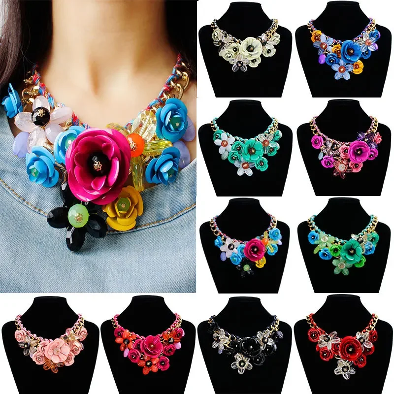 Punk style golden chain rope braided colorful flower pendant necklace fashion exaggerated national style street shot necklace