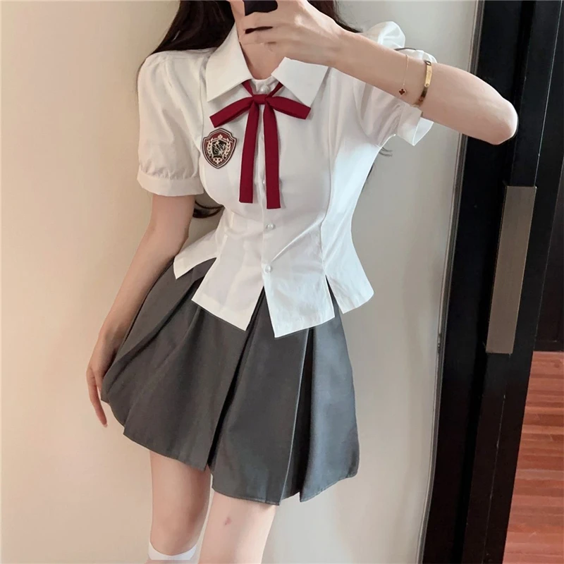 

French Hot Girl School Uniform Set Daily JK Uniform Waist Retraction Split Shirt Red Bow Women High Waist Pleated Skirt Summer