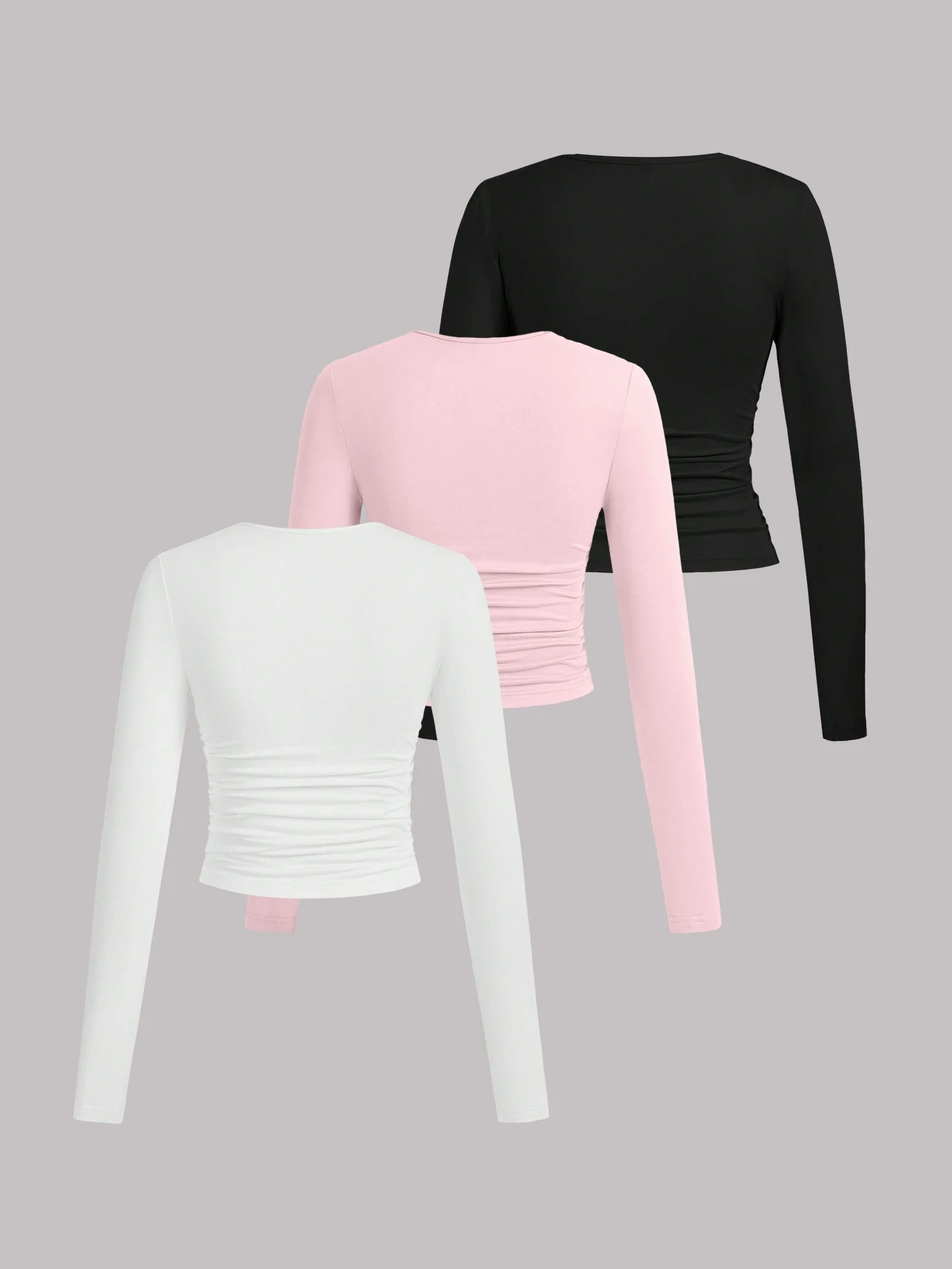 3-Piece Women's Casual Solid Color Crew Neck Pleated Long Sleeve T Shirts Basic Tee Tops Spring Summer