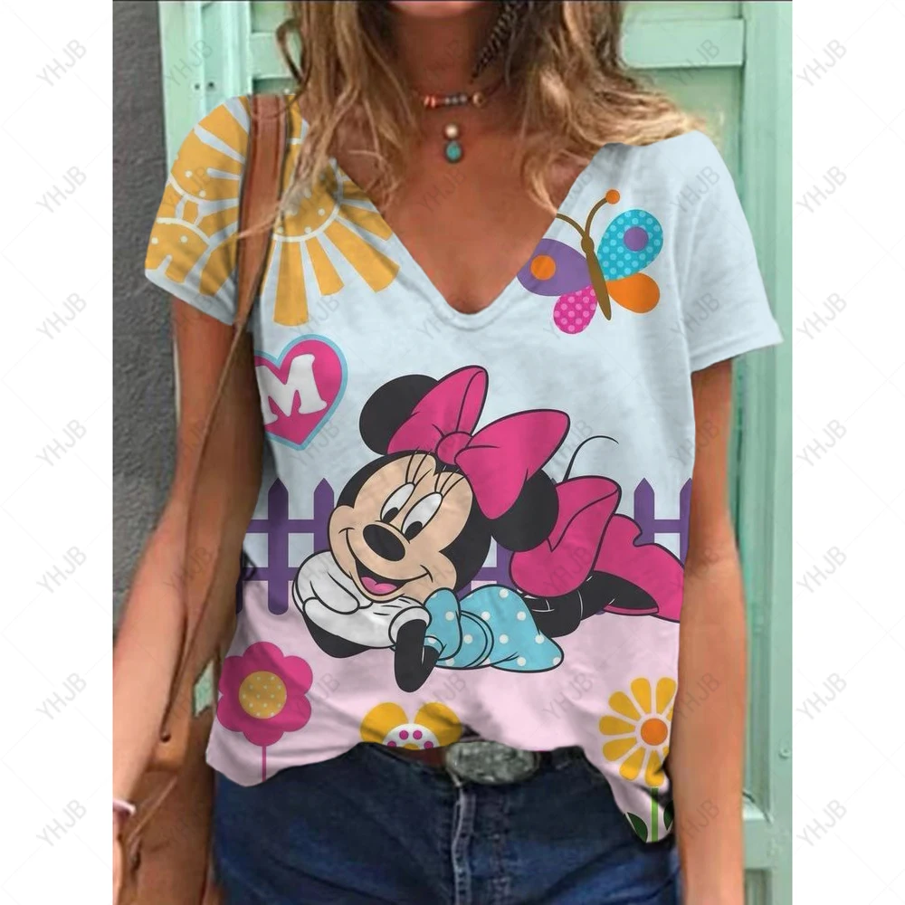 المرأة تي شيرت ديزني ميكي ماوس طباعة الصيف فتاة Kawaii المرأة تي شيرت كبير الخامس الرقبة تي شيرت كامل موضة الكرتون الخامس الرقبة