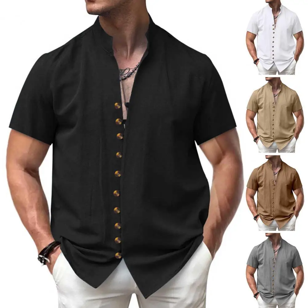 2025 Spring And Summer Men's Linen Shirt Beach Casual Button Shirt Long Sleeve Solid Color  Shirt S-3XL Lightweight Breathable