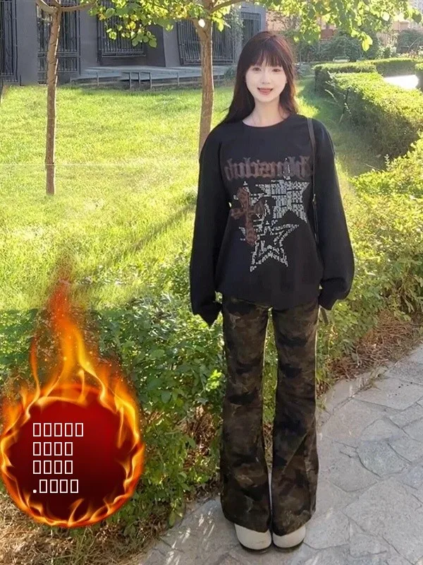 

Утепленные джинсы-клеш с камуфляжным принтом и низкой посадкой, женские, осенне-зимние, широкие брюки в пол