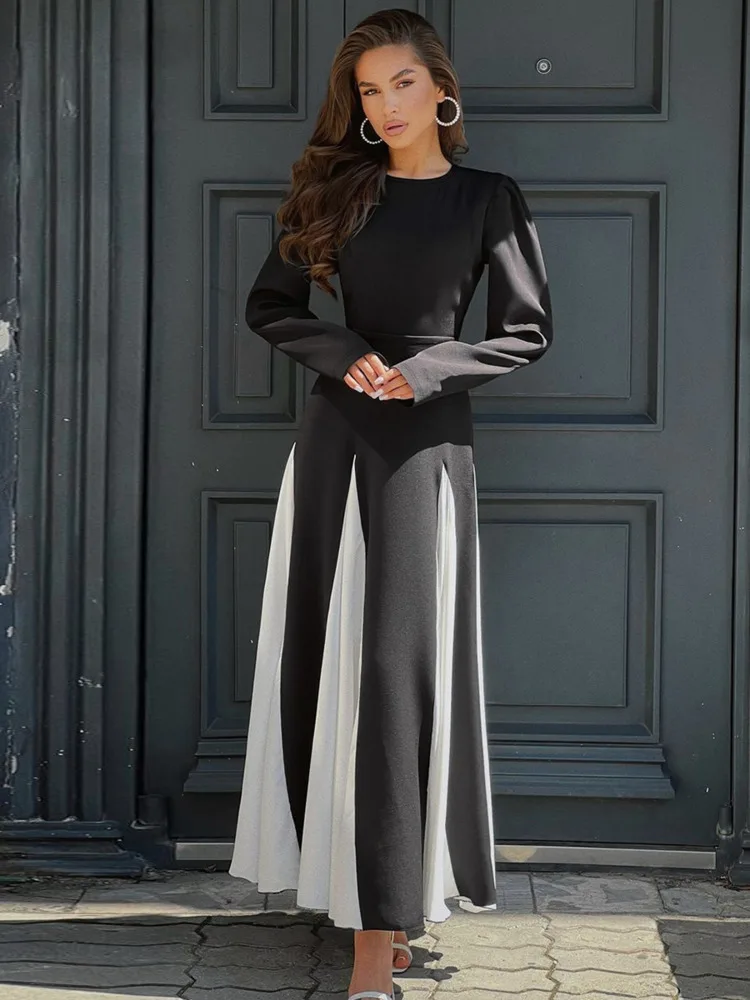 

JULISSA MO Patchwork Round Neck Bandage Maxi Dress For Women Black Long Sleeve Evening Dress Autumn Slim Elegant Party Clubwear