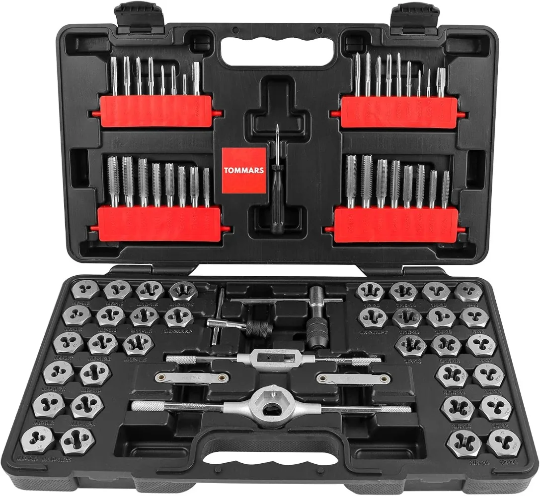 

75-Pc Tap and Die Set SAE & Metric Hex Thread Taps Dies Wrench Metric Sizes M3 To M12 & Standard Sizes #4 To 1/2" Type NC NF NPT