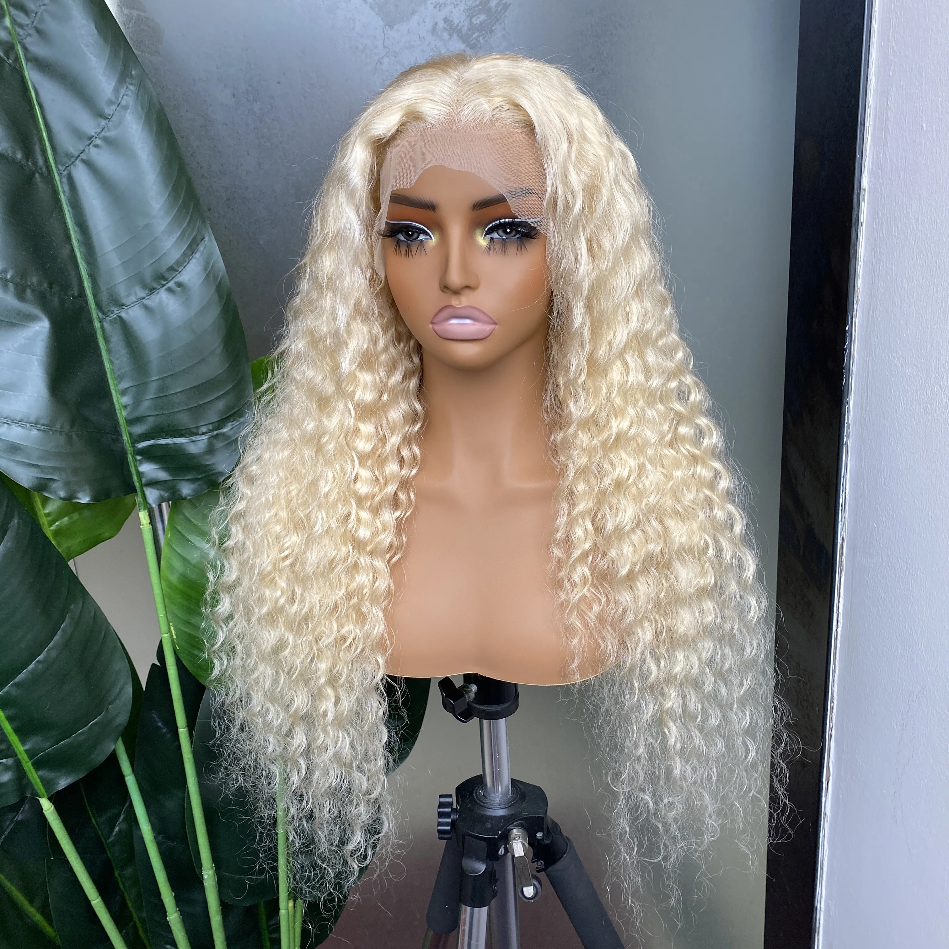 

613 Blonde Color Deep Wave 13x4 Transparent Lace Frontal Wig Human Hair with Natural Hairline