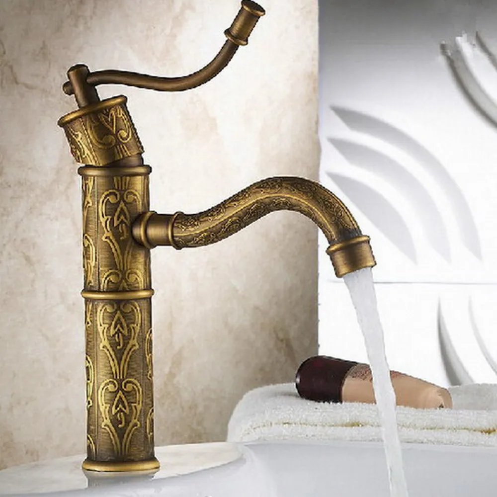 

Basin Faucets Antique Brass Faucets Basin Carving Taps Rotation Single Handle Taps Mixers Bathroom Vessel Sink Faucet Nnf166