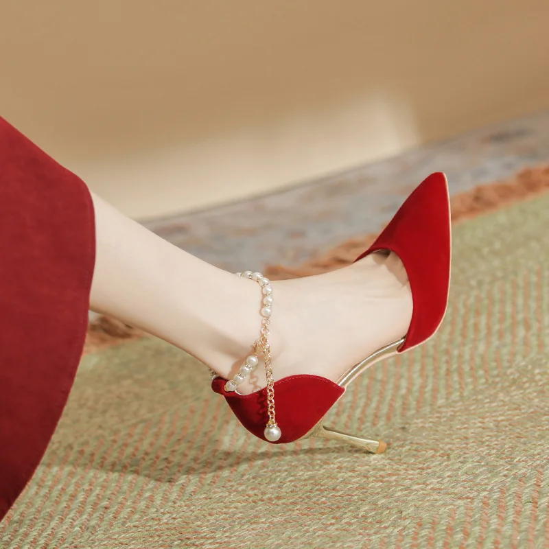 Size 30-44 Pointed Thin Heel Red Wedding Shoes Bride Pearls Strap Bridesmaid Shoes Women Pumps