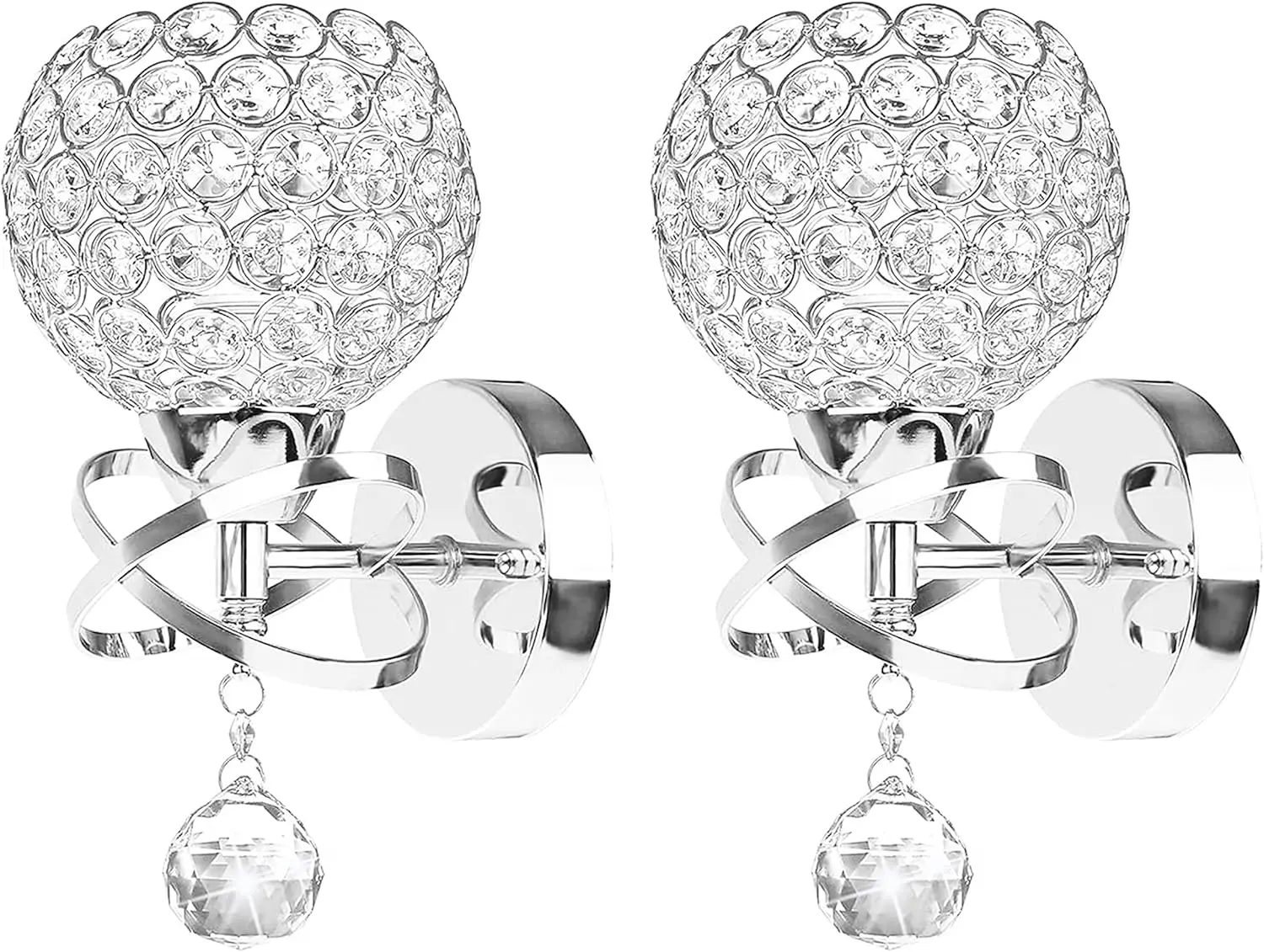 두 개의 크리스탈 벽 조명 세트, 침실, 거실, 복도용 현대적인 실버 벽 조명, 크리스탈 볼 장식
