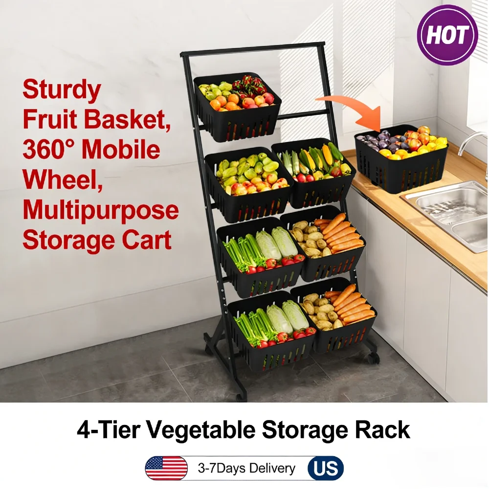 

4-Tier Fruit Vegetable Storage Rack with 360° Rolling Wheels Detachable Basket Metal Kitchen Cart Rust-Proof for Pantry Bathroom