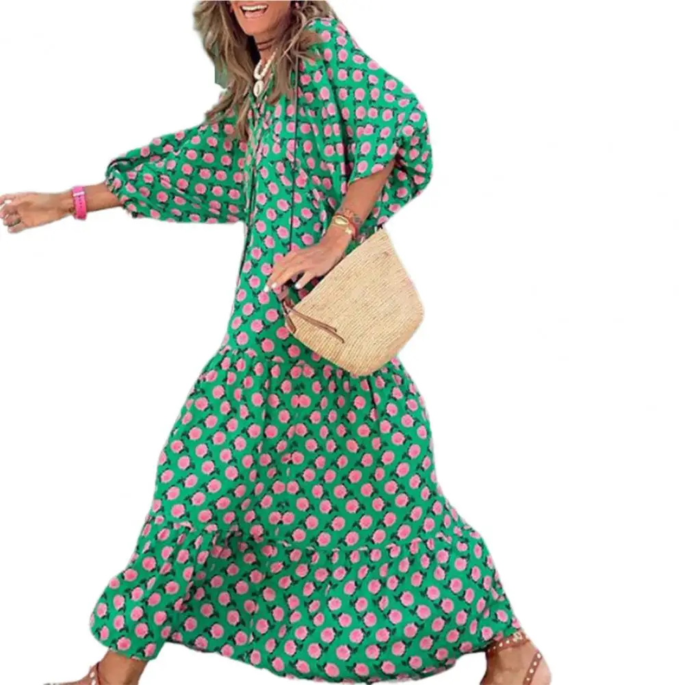 여성 원피스 퍼프 슬리브 보호 V넥 프린트, 긴 원피스 느슨한 홀리데이 비치, 여성 캐주얼 꽃 맥시 드레스, 파티 복장