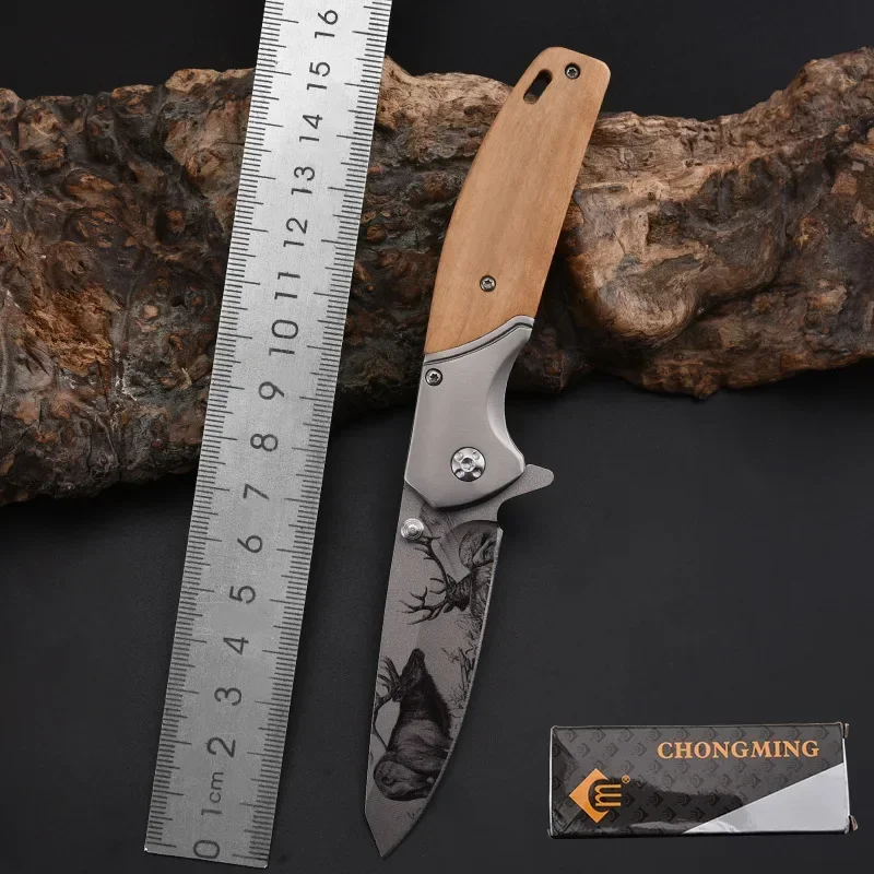 

Damascus Steel Camping Tactical Pocket Knife Rescue Survival Knife Folding Knives 440C Steel + Woodle Handel Tactical Knife