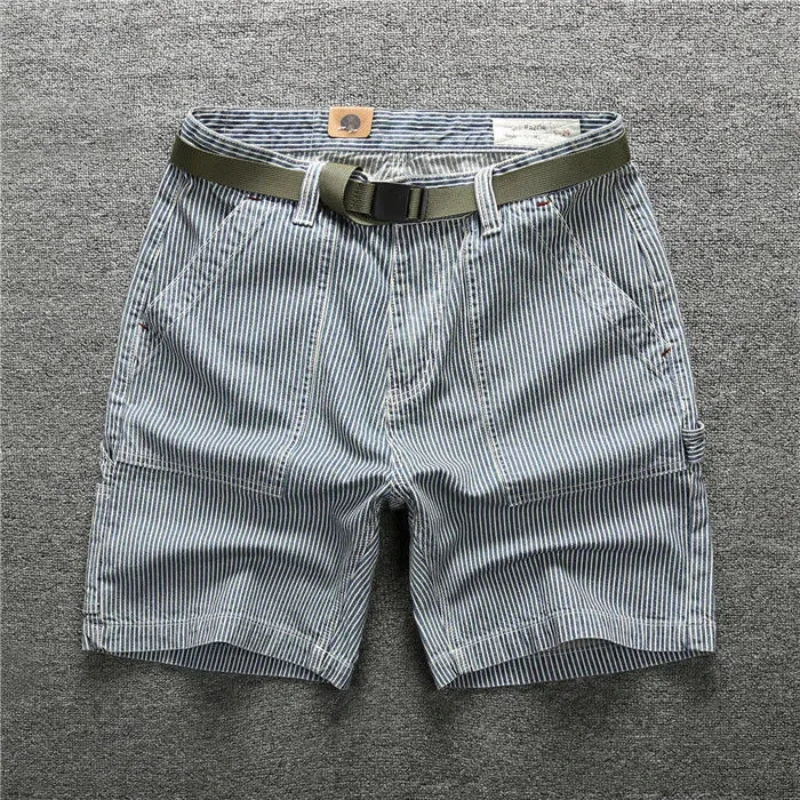 American Vintage Summer Thin Style Men\'s Zipper Button Pockets Striped Trend Versatile Loose Straight Knee Length Casual Shorts