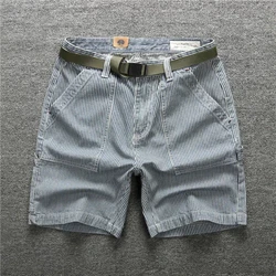 Short décontracté vintage américain pour homme, style fin, poches boutonnées à fermeture éclair, tendance rayée, polyvalent, longueur genou droite, été