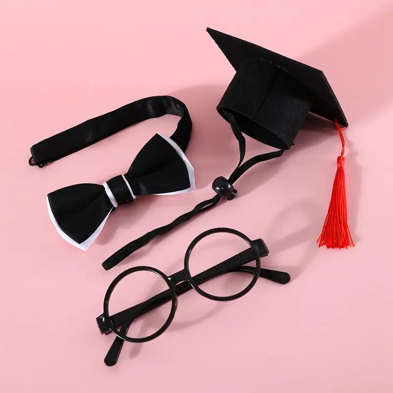 Pet Dog Cosplay Hat Collar Glasses Set Adorable Adjustable with Tassel Felt Pet Cat Dog Graduation Hat Suit Pet Cat Accessories