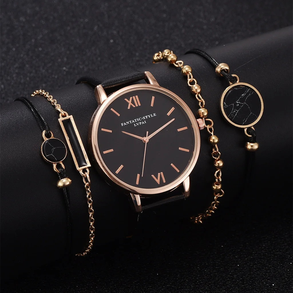 5pcs Set Top Style Fashion Women\'s Luxury Leather Band Analog Quartz WristWatch Ladies Watch Women Dress Reloj Mujer Black Clock