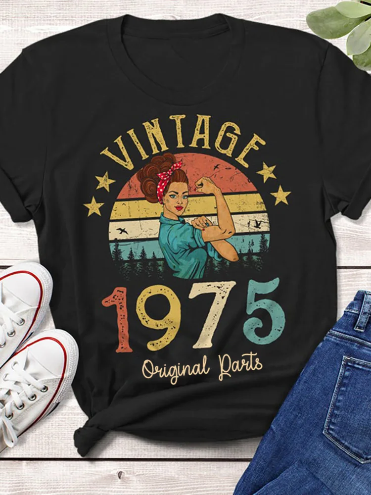 Vintage 1975 Original Parts Women Tshirt Cotton Colored Retro T-shirts 49 Years Old Birthday Gift Female Short Sleeve Tops