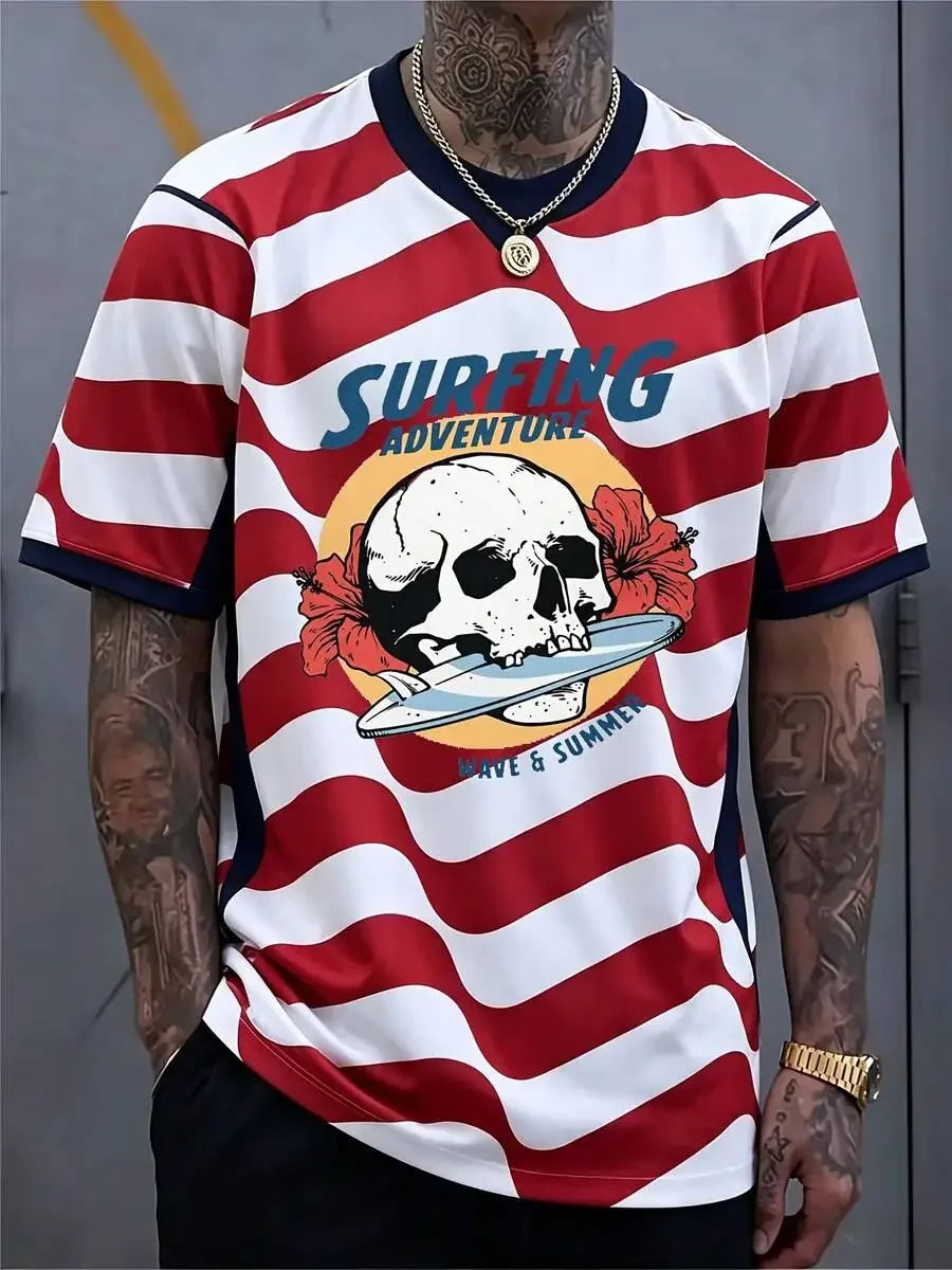 Camiseta informal de manga corta con rayas onduladas rojas y blancas para hombre para aficionados al fútbol