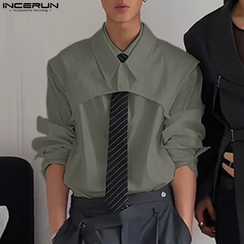 

INCERUN Men Shirt Solid Color Lapel Long Sleeve Hollow Out Casual Men Clothing Loose Fashion Tops 2025 Male Shirts Streetwear