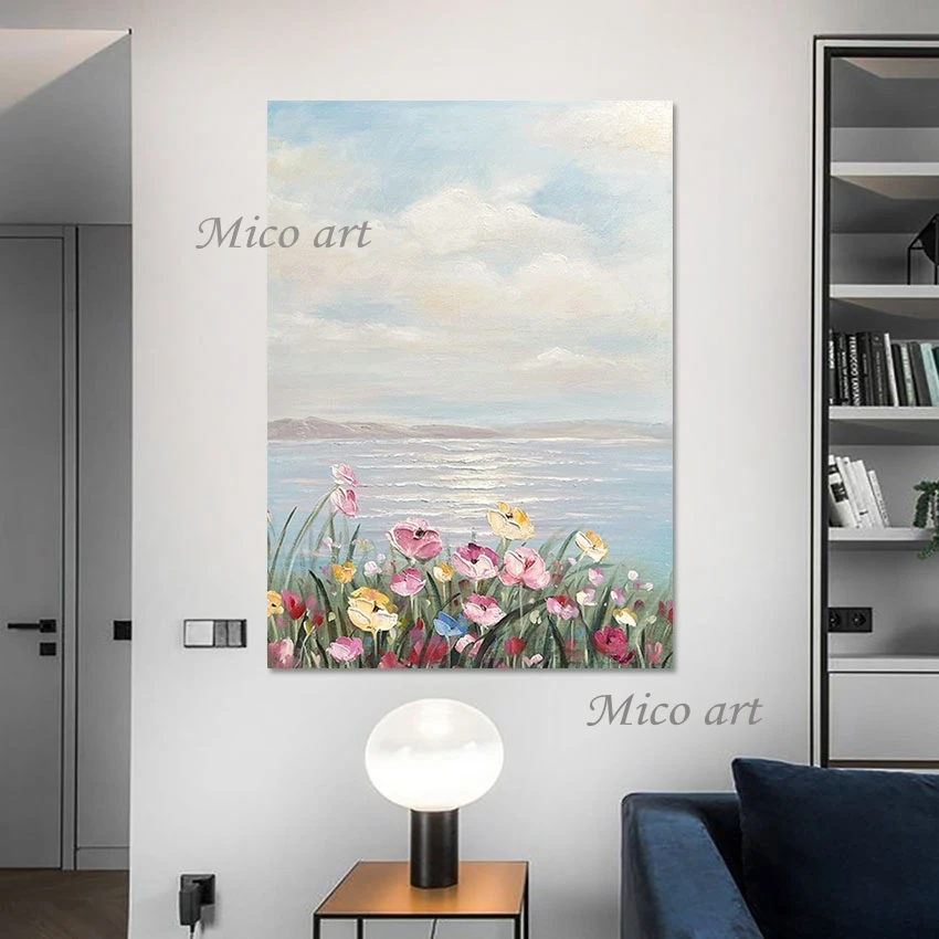 Lakeside Flowers Hand-painted Abstract Art, Nature Oil Paintings, Scenery Wall Picture, Thick Acrylic Canvas for Decor, Unframed