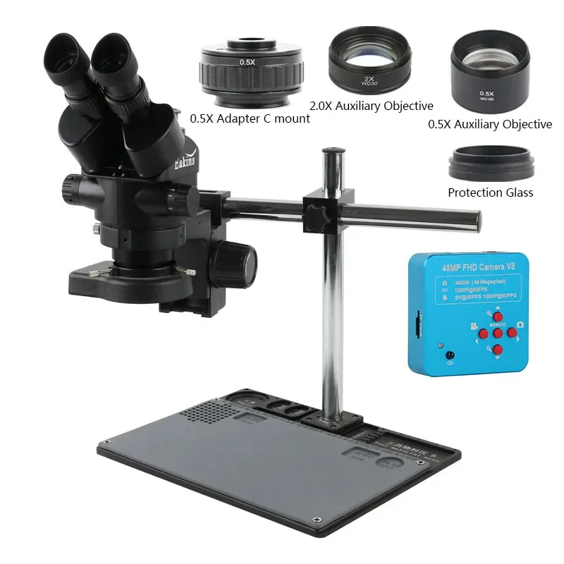 14X-45X Lab Zoom Trinocular Stereo Microscope 48MP HDMI USB Digital Video Camera Aluminum Plate Bracket Set For Phone SMD Repair