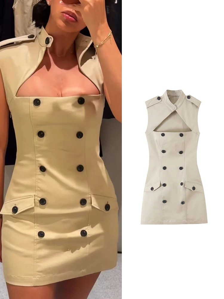 TFMLN New Women Hollow Out Dress Sleeveless Solid Slim Fashion Trench Mini Dresses Sexy Club Street Style Trendy Partywear