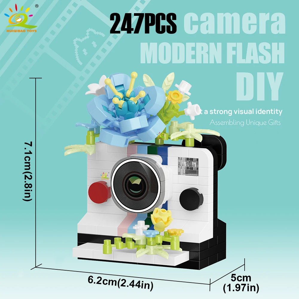 

HUIQIBAO MOC Cute camera with Flower model Micro Building Block Mini Diamond Model Brick Toy for Children Desk Home Decoration