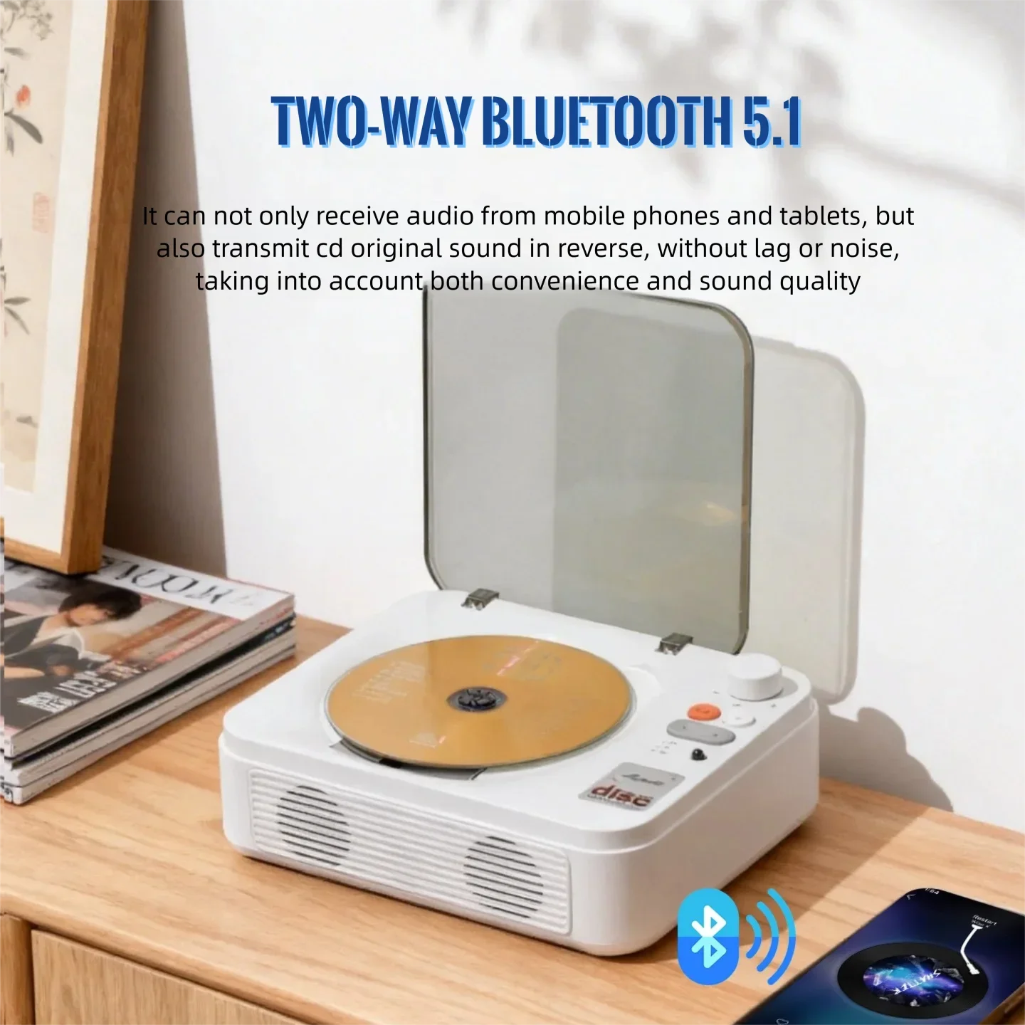 

Двунаправленный CD-плеер Bluetooth 5.1 с Hi-Fi стереозвуком, настольный CD-плеер с пылезащитной крышкой, воспроизведение через USB для пожилых людей и детей