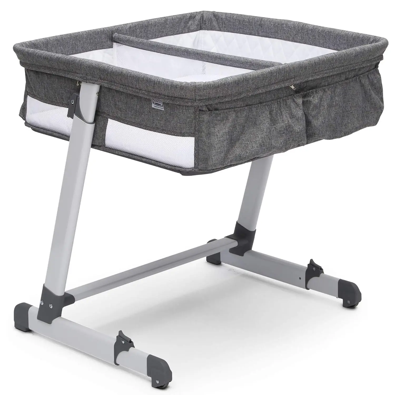 

Adjustable Height Portable Twin Bassinet with Wheels, Airflow Mesh & Storage Pockets, Grey Tweed